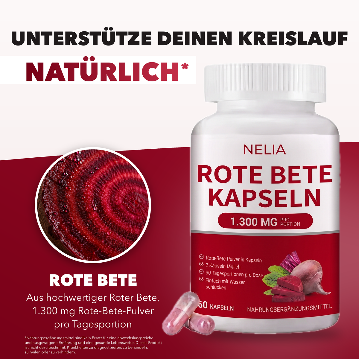 NELIA Rote Bete Kapseln – Kreislauf, 1.300 mg Rote-Bete-Pulver pro Tagesportion