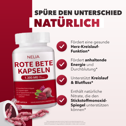 NELIA Rote-Bete-Kapseln · 1.300 mg pro Tagesportion · 60 Kapseln