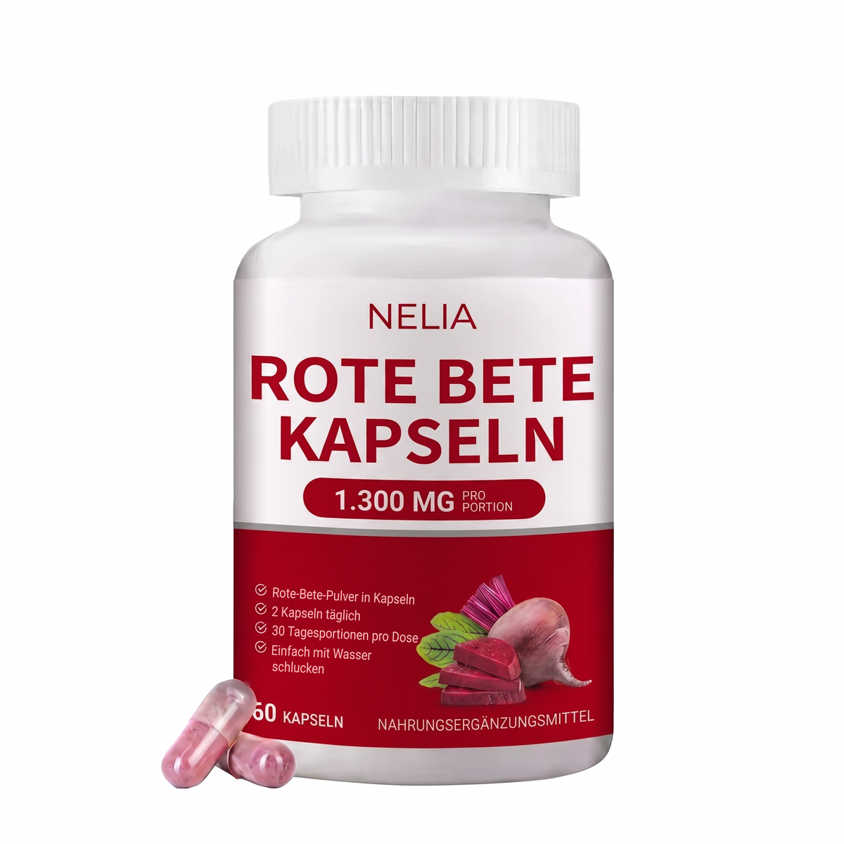 NELIA Rote-Bete-Kapseln – Dose mit 60 Kapseln, 1.300 mg pro Tagesportion