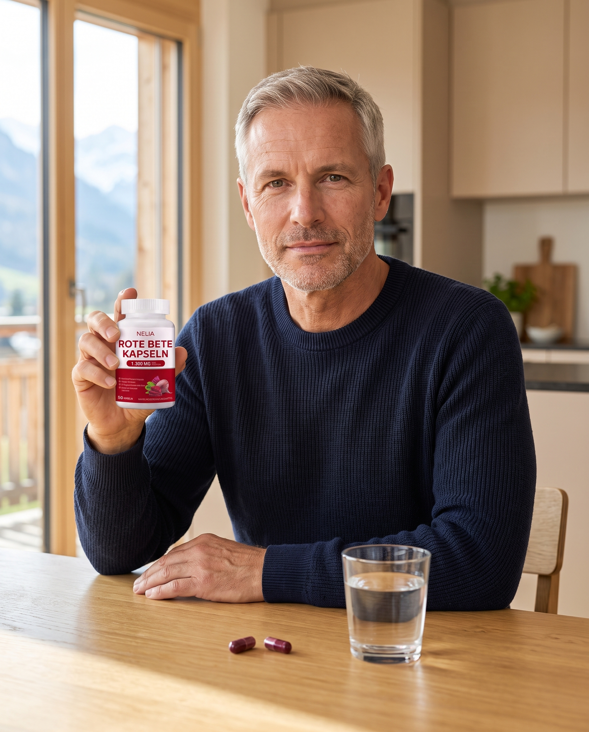 Mann am Küchentisch mit NELIA Rote-Bete-Kapseln und einem Glas Wasser