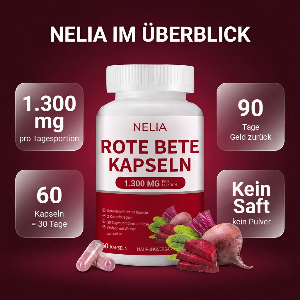 NELIA im Überblick: 1.300 mg pro Tagesportion, 60 Kapseln = 30 Tage, 90 Tage Geld zurück, kein Saft, kein Pulver
