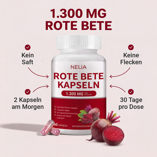 NELIA Rote-Bete-Kapseln: kein Saft, keine Flecken, 2 Kapseln am Morgen, 30 Tage pro Dose